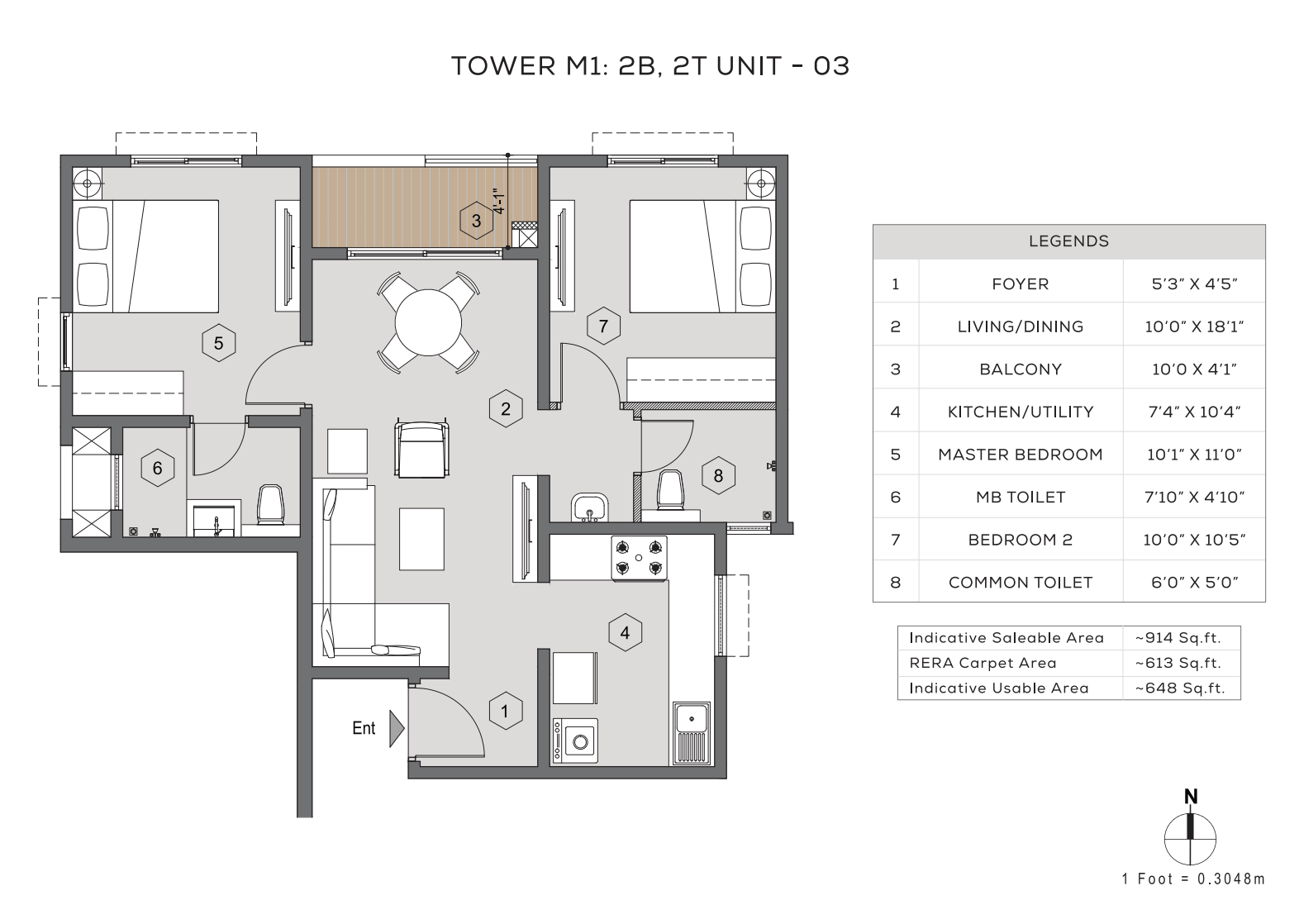Puravankara Lakevista - Tower M1 : 2B 2T, Unit 03